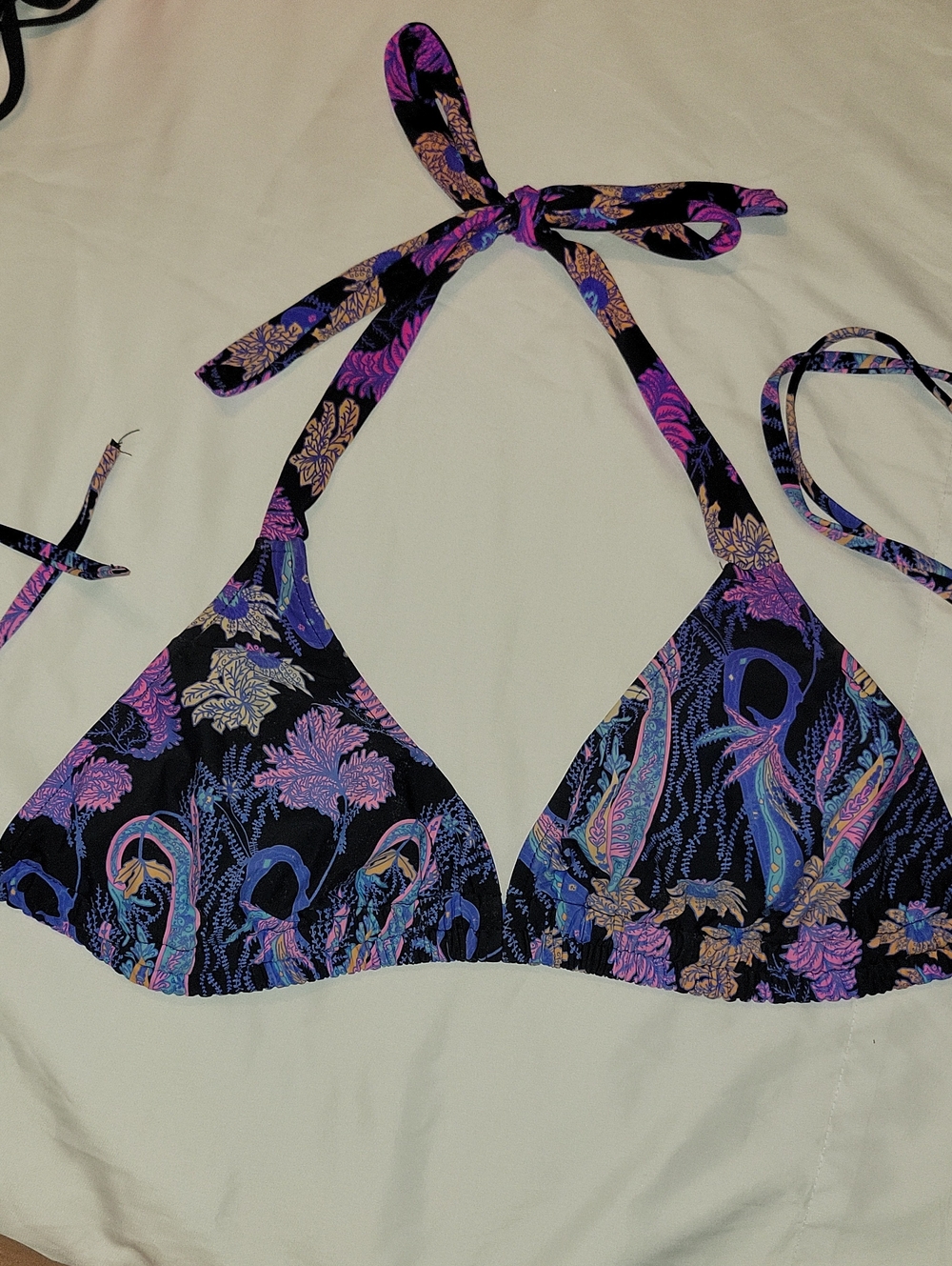 Black Floral-Print Halter Bikini Top with Purple Accents